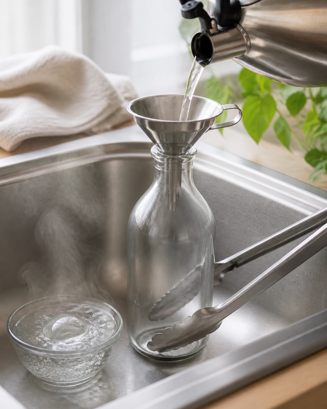 One clean glass syrup bottle and cap being sterilized with boiling water then draining dry, no syrup lavender or lemon under tilberedningen af lavendelsirup