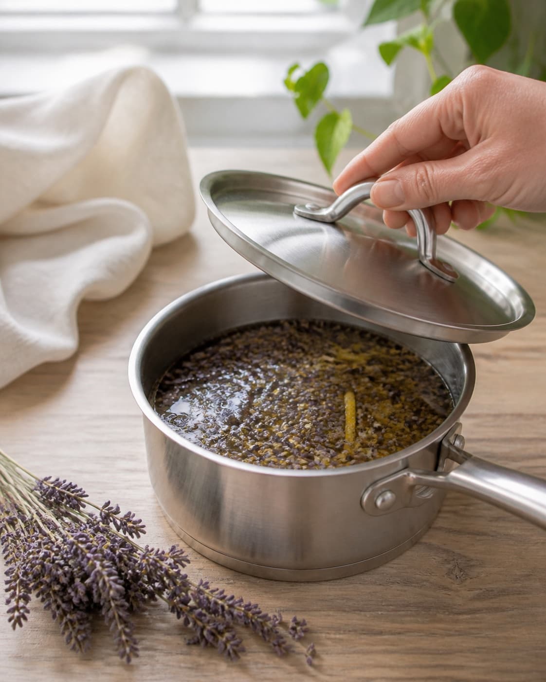Culinary lavender buds and thin yellow lemon peel steeping in hot clear syrup in one saucepan, lid partly lifted, no bottled syrup under tilberedningen af lavendelsirup