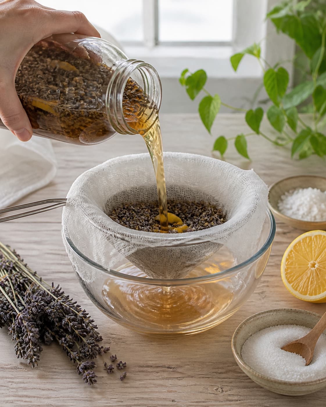 Amber lavender syrup filtering through one fine cloth-lined sieve with buds and peel retained, no bottle garnish or cloudy pulp under tilberedningen af lavendelsirup