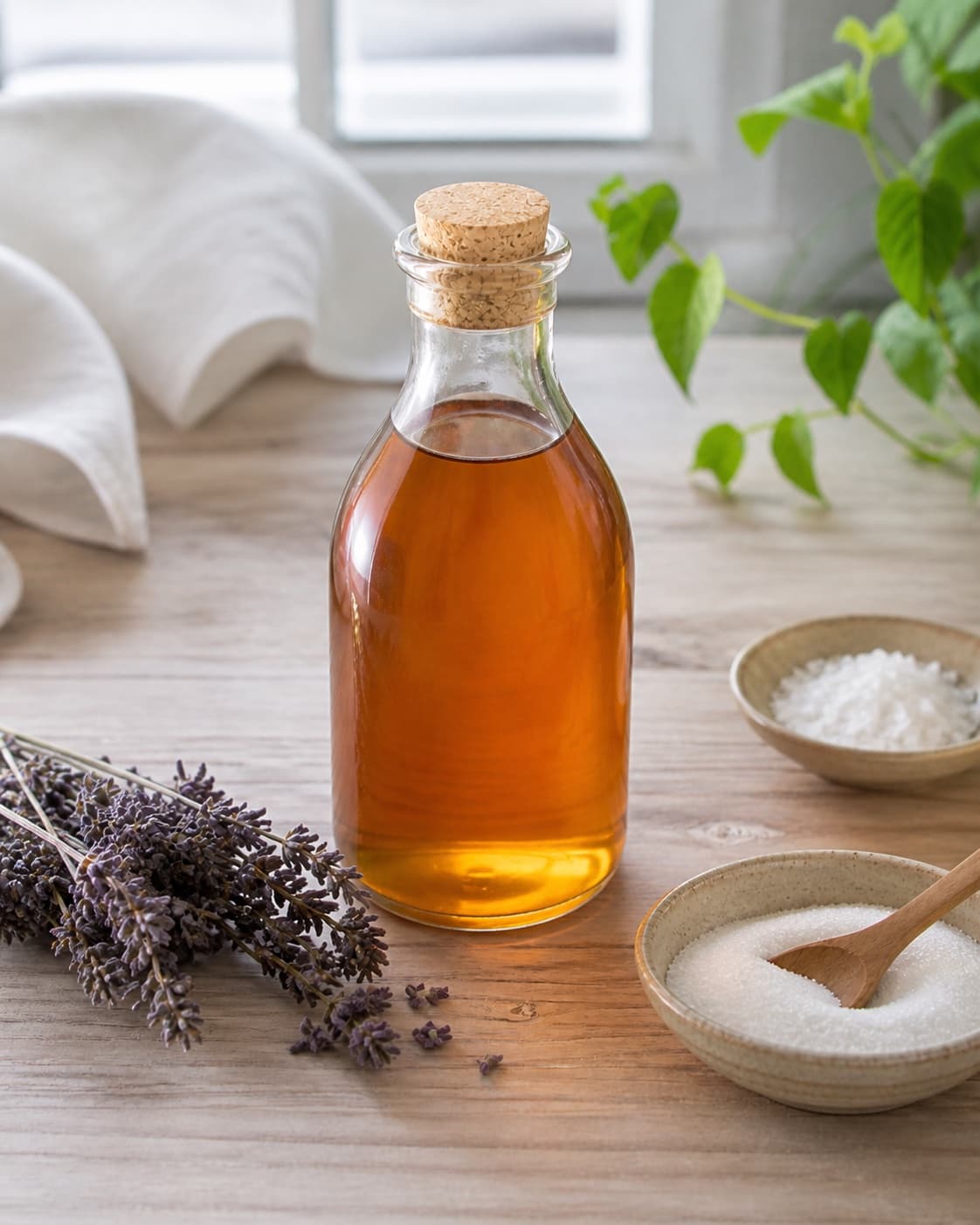One sealed clear glass bottle filled with transparent amber lavender syrup, no floating flowers sediment text or drink under tilberedningen af lavendelsirup
