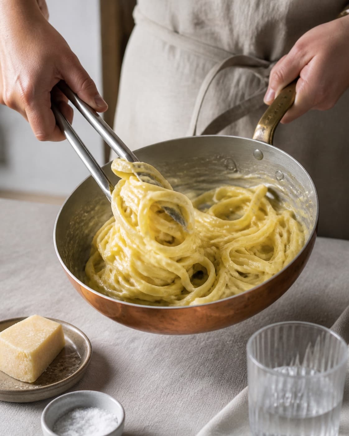 Tagliatelle being tossed off heat with pale glossy parmesan sauce, evenly coated ribbons, no plated truffle slices or liquid pool under tilberedningen af pasta med trøffel