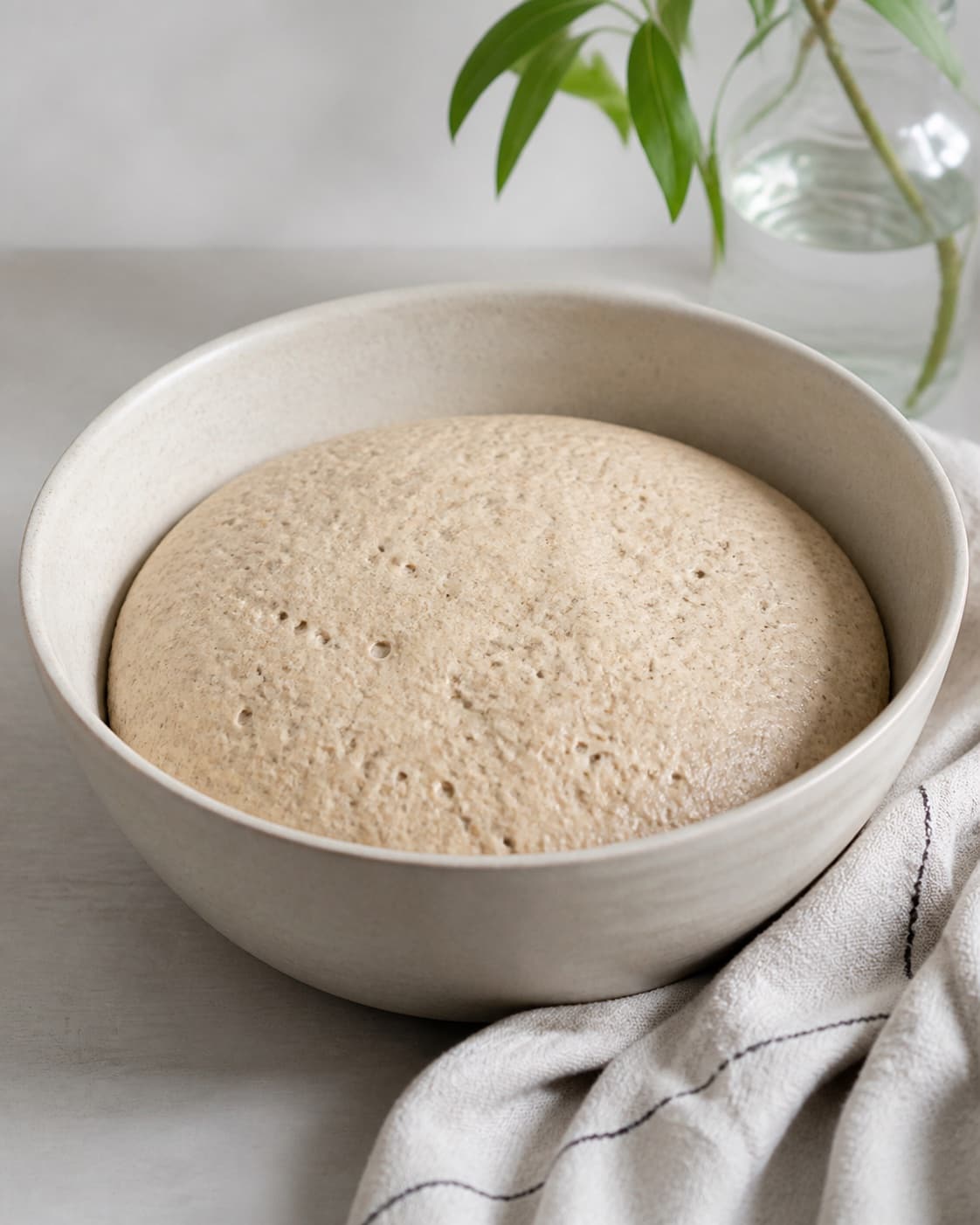 One bowl of risen rye dough at one-and-a-half volume with small gas bubbles, no shaping hands tray or baked rolls under tilberedningen af rugboller