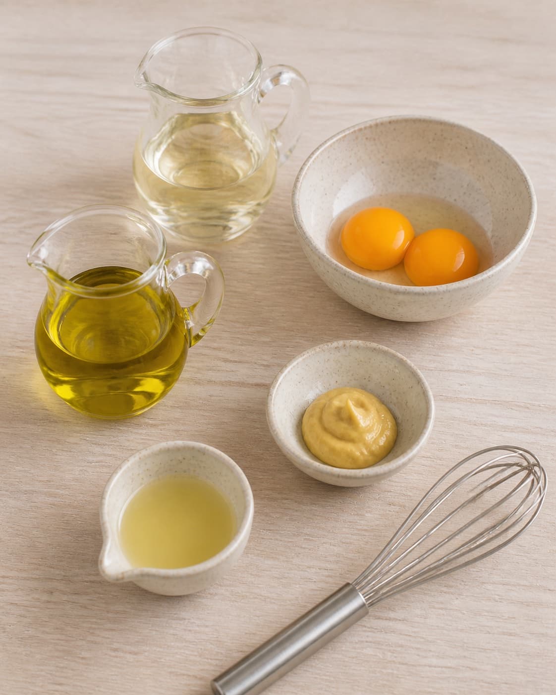Pasteurized egg yolks mustard lemon juice and two clear oils measured separately at the same temperature, no emulsion garlic or finished aioli under tilberedningen af hjemmelavet aioli