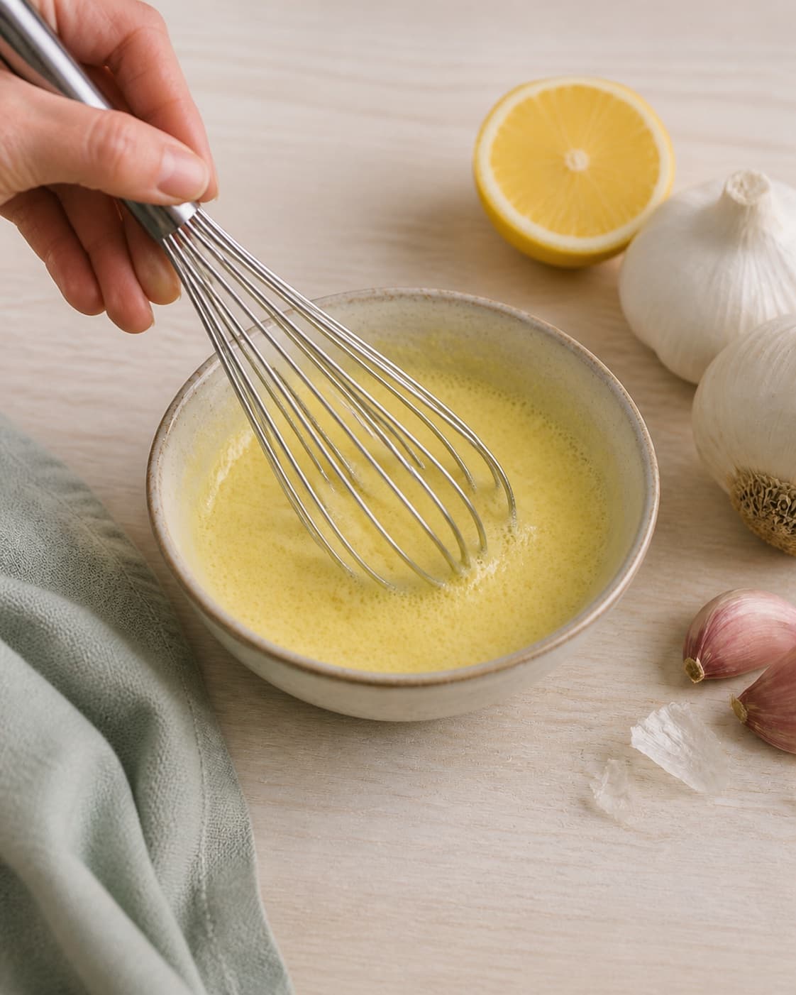 Yellow pasteurized egg-yolk mustard lemon base being whisked until lightly foamy in one bowl, no oil garlic or finished mayonnaise under tilberedningen af hjemmelavet aioli