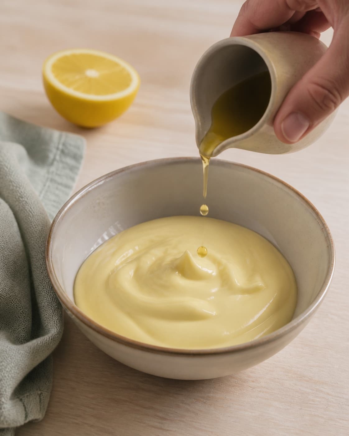 A thickening pale-yellow aioli emulsion receiving neutral oil literally drop by drop from one small pitcher, no garlic or finished serving bowl under tilberedningen af hjemmelavet aioli