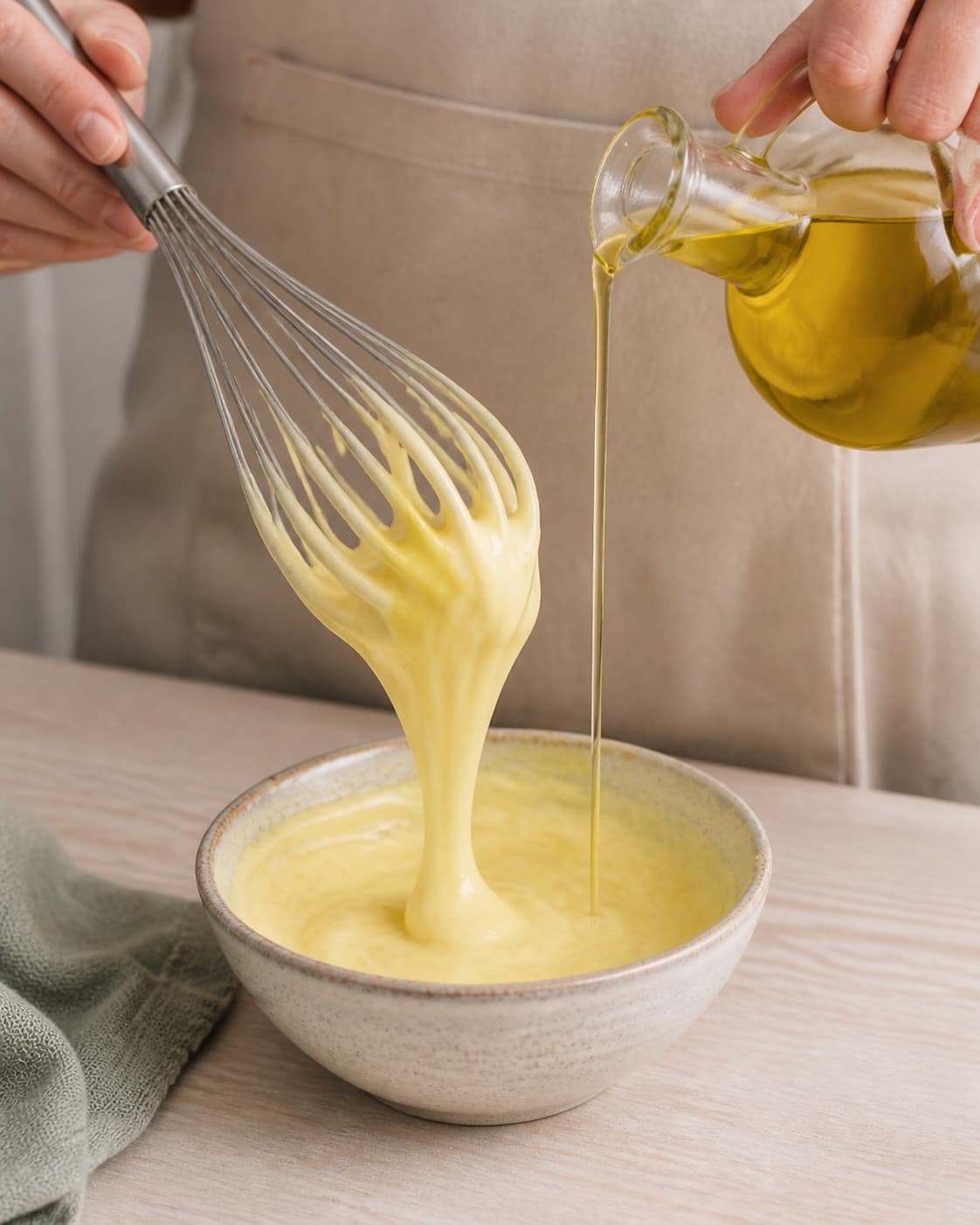 Very thick glossy pale-yellow aioli hanging from a whisk as oil is added in one thin steady stream, no garlic garnish or food under tilberedningen af hjemmelavet aioli