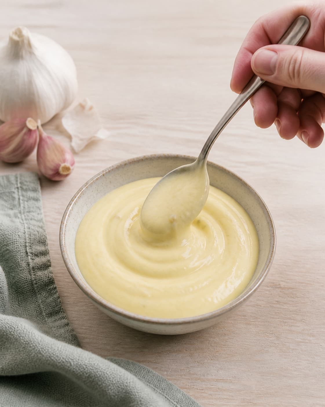 One small clean bowl of thick glossy aioli holding a sharp spoon swirl with tiny garlic flecks, no fries bread vegetables or liquid oil under tilberedningen af hjemmelavet aioli