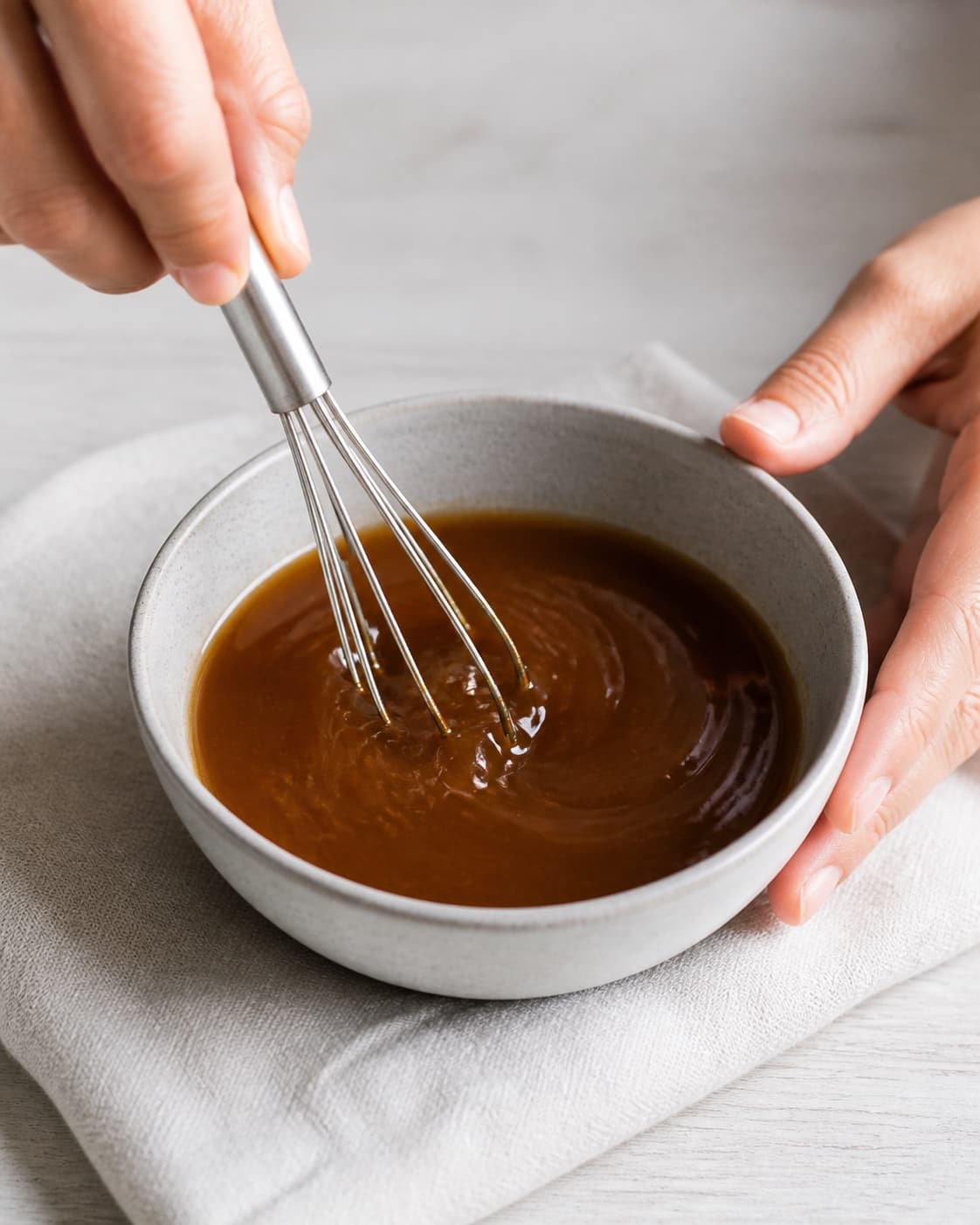 One small bowl of glossy brown tamarind fish-sauce palm-sugar pad thai sauce, no noodles meat eggs vegetables or garnish under tilberedningen af pad thai