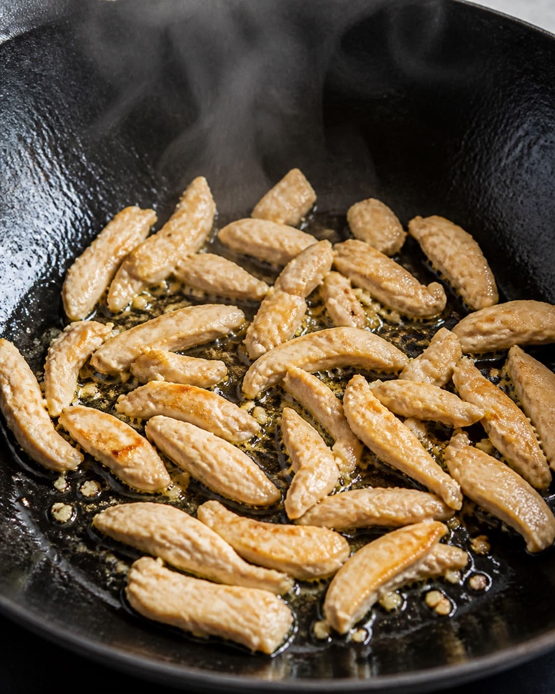 Thin chicken strips searing golden in one very hot wok with garlic, no noodles eggs sprouts peanuts or finished dish under tilberedningen af pad thai