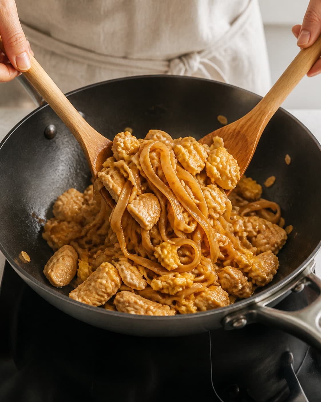 Glossy brown rice noodles being tossed in one wok with chicken and distinct soft scrambled egg pieces, no bean sprouts peanuts lime or garnish under tilberedningen af pad thai