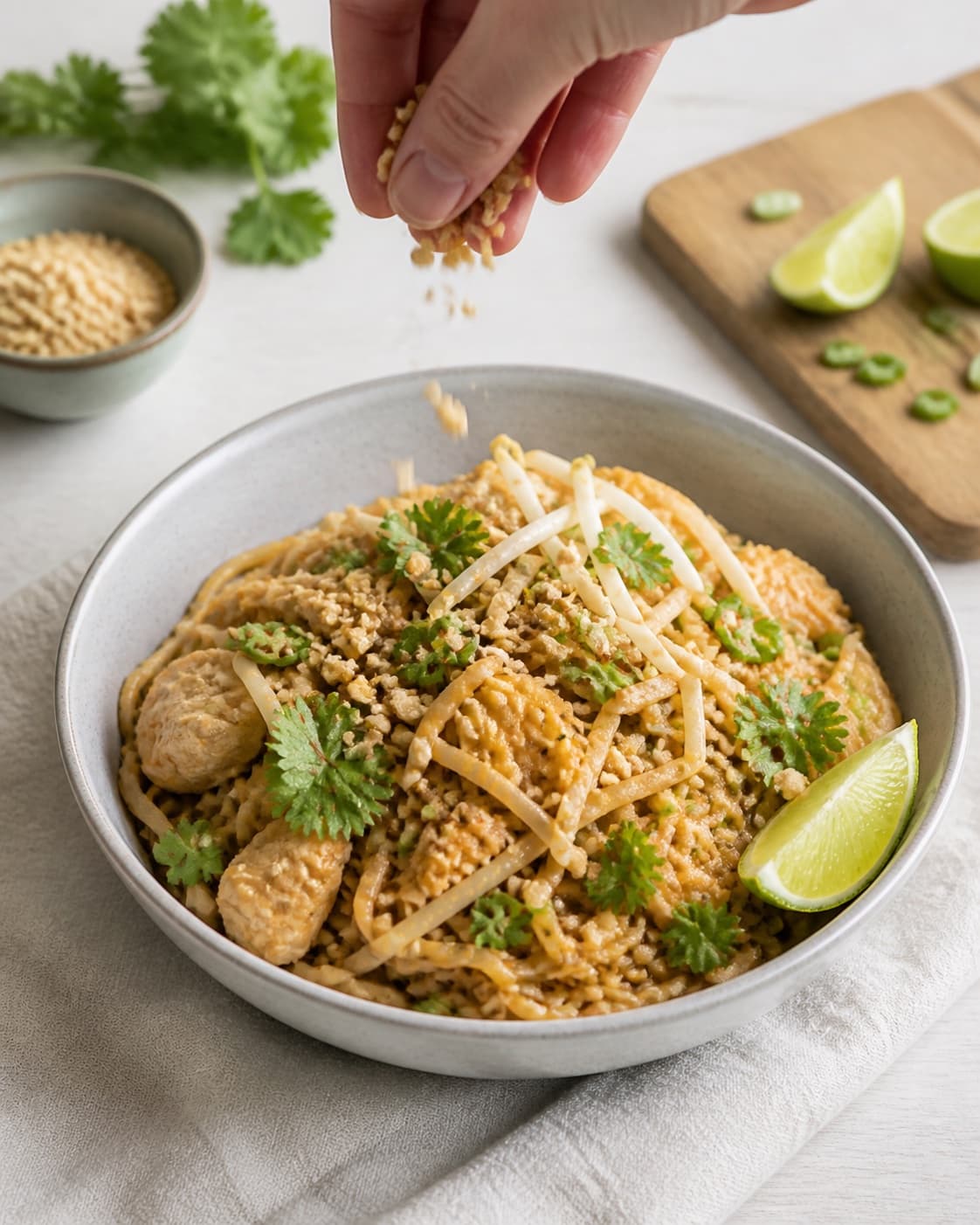 One serving bowl of pad thai with glossy noodles chicken egg crisp bean sprouts scallions chopped peanuts cilantro chili and lime, no sauce pool or extra plate under tilberedningen af pad thai