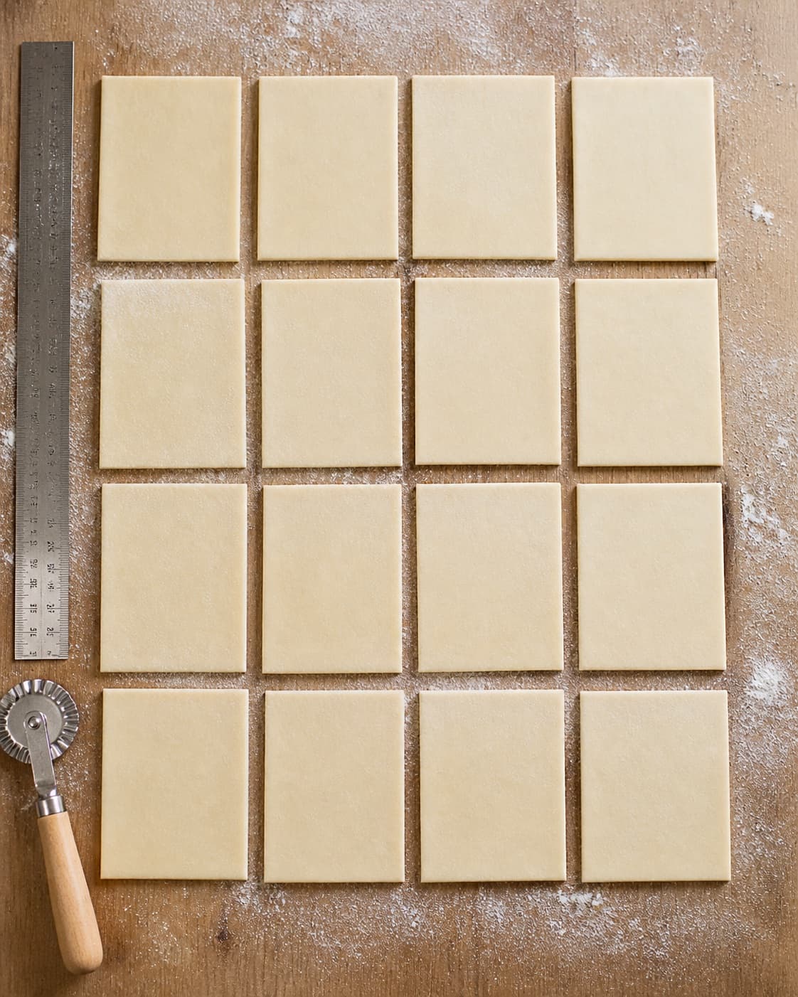 Exactly sixteen equal raw pastry rectangles arranged flat on parchment, no jam egg wash glaze candy or baked pastry under tilberedningen af jule-poptarts