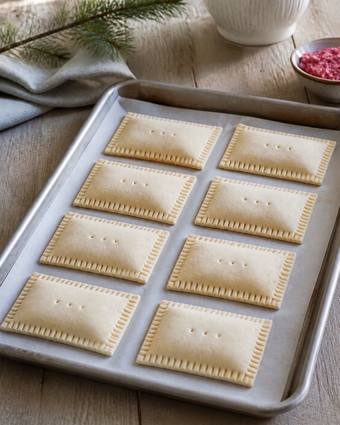 Exactly eight sealed raw rectangular pop tarts with fork-crimped edges and three tiny steam holes each, no leaking jam glaze or candy under tilberedningen af jule-poptarts