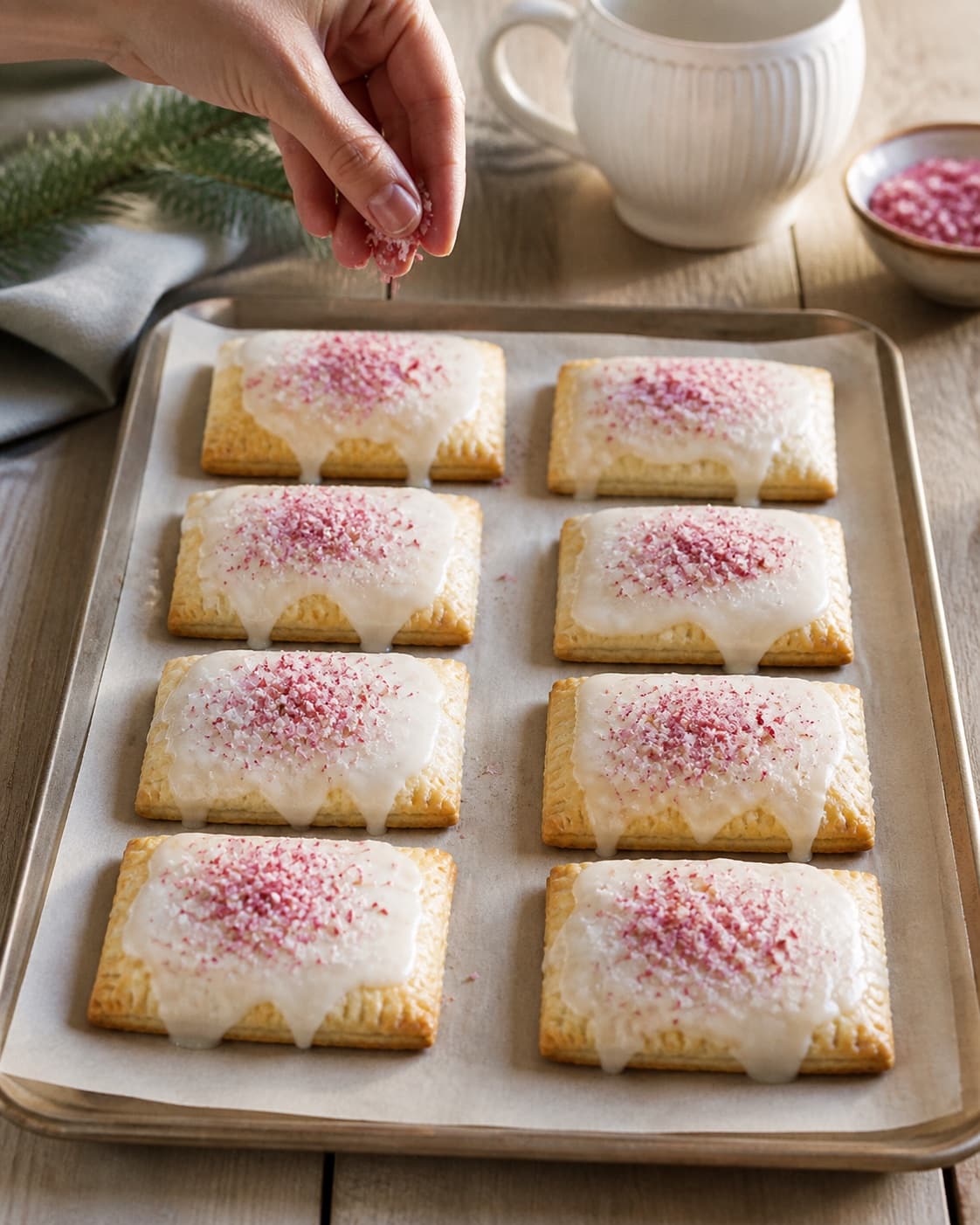Exactly eight finished pop tarts with thick set white lemon glaze and a restrained sprinkle of crushed red-white peppermint, no whole candy canes or extra pastries under tilberedningen af jule-poptarts