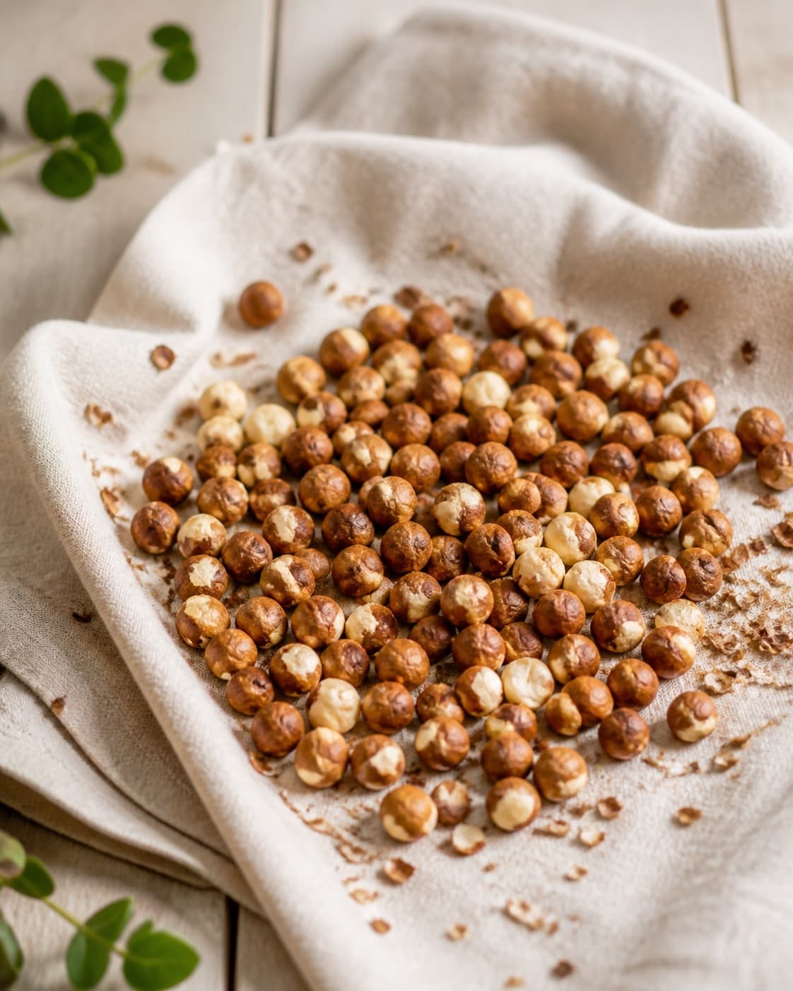 Golden roasted whole hazelnuts cooling on one clean cloth with loosened skins rubbed away, no seeds spices or ground mixture under tilberedningen af dukkah