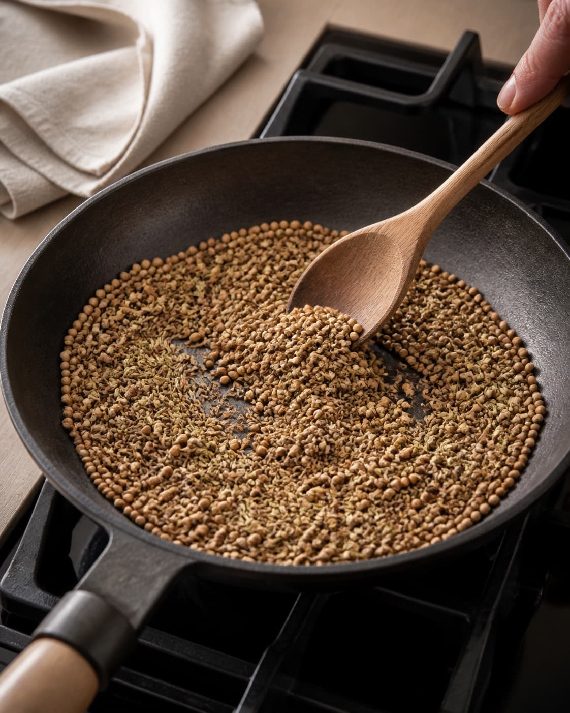 Whole coriander cumin and fennel seeds toasting together in one dry skillet, no nuts sesame salt or ground spice under tilberedningen af dukkah