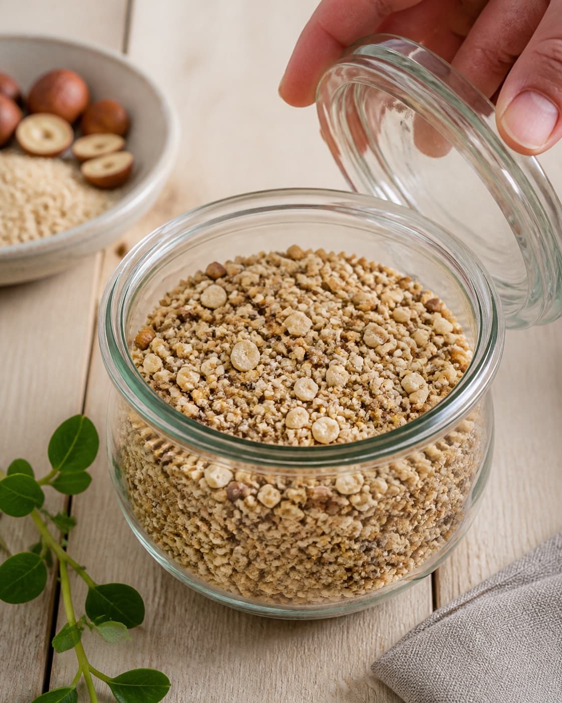 One open clean jar filled with dry coarse dukkah showing distinct hazelnut pieces sesame and spices, no oil paste fine powder label or text under tilberedningen af dukkah