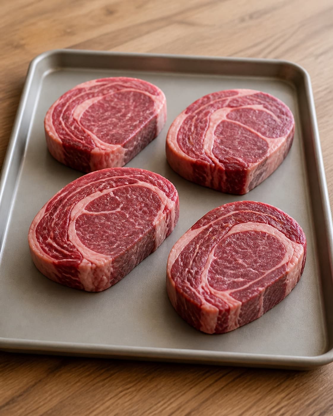 Exactly four raw thick ribeye steaks lying dry and separate on one clean tray, no seasoning butter grill or cooked meat under tilberedningen af entrecôte på grill