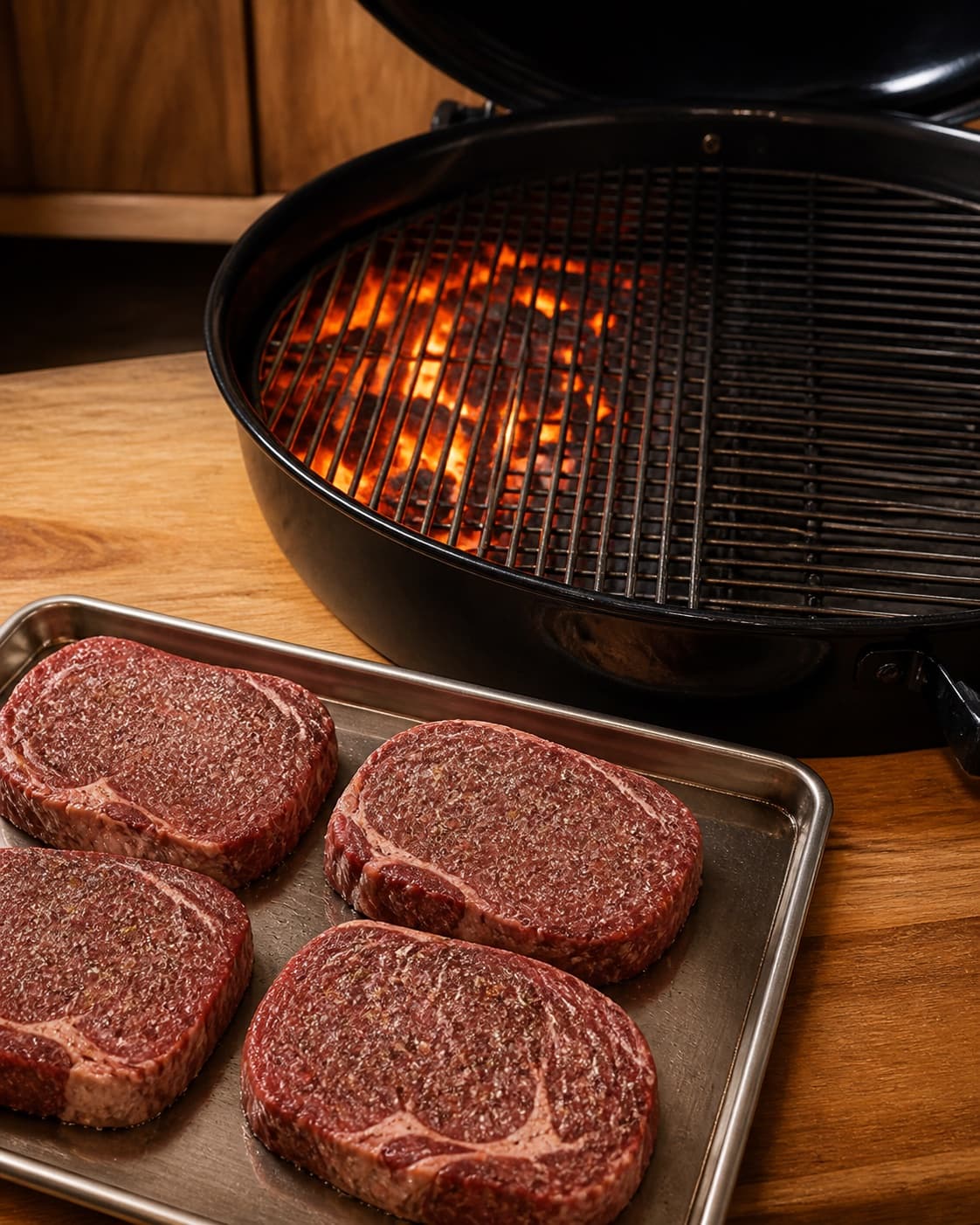 Exactly four raw seasoned ribeye steaks beside one clean very hot grill showing direct and indirect heat zones, no cooked meat butter or side dishes under tilberedningen af entrecôte på grill