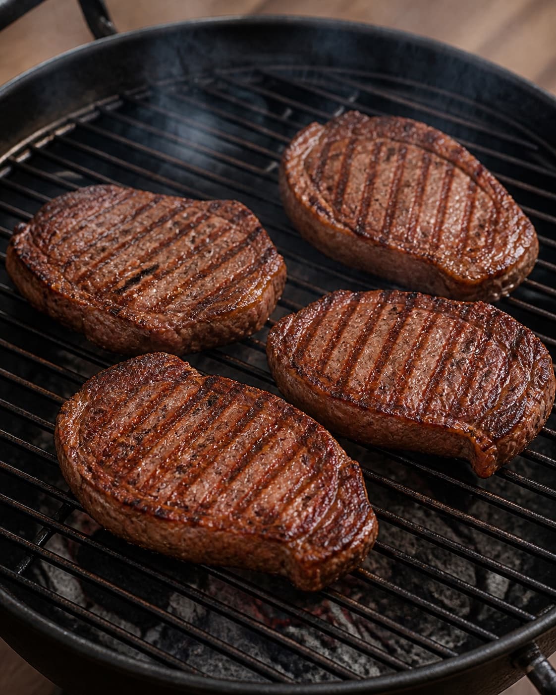 Exactly four ribeye steaks searing in one layer over direct grill heat with distinct brown grill marks, no flames engulfing meat butter or side dishes under tilberedningen af entrecôte på grill