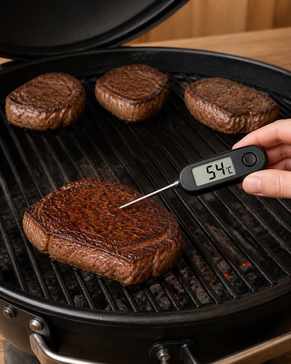 One grilled ribeye measured from the side with a digital thermometer clearly reading 54 C while exactly three other steaks sit on indirect heat, no butter or side dishes under tilberedningen af entrecôte på grill