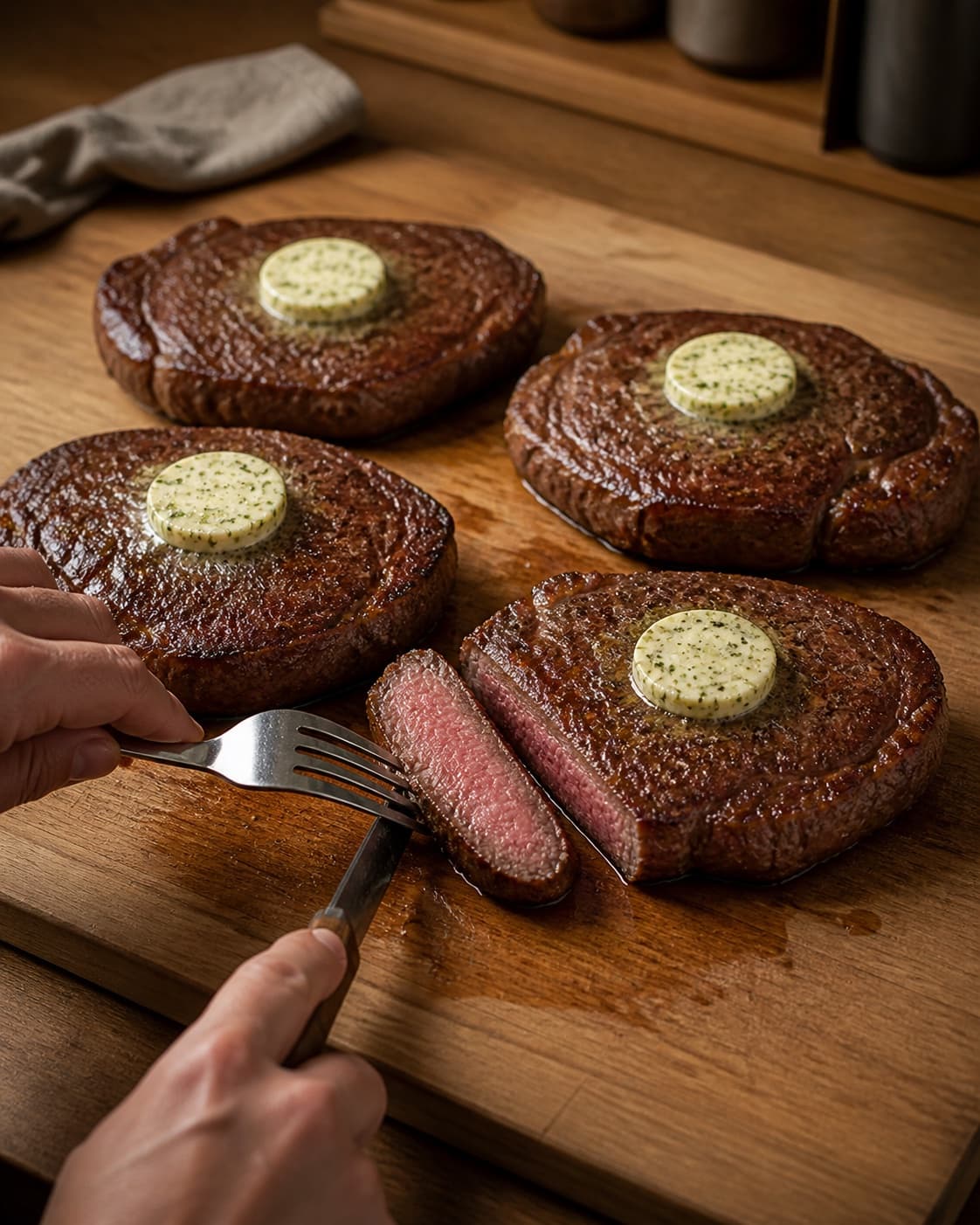 Exactly four rested grilled ribeye steaks each with one herb-butter coin, one steak sliced to show an even rosy centre, no side dishes or extra steaks under tilberedningen af entrecôte på grill