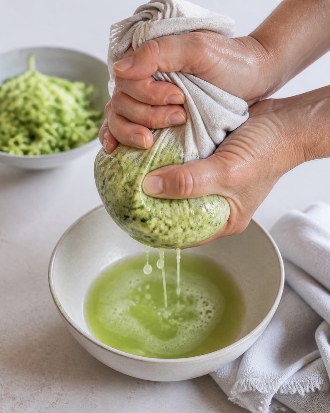 Coarsely grated green zucchini being squeezed firmly in one clean cloth over a bowl with visible pale-green liquid, no eggs onion cheese or pan under tilberedningen af frittata med squash