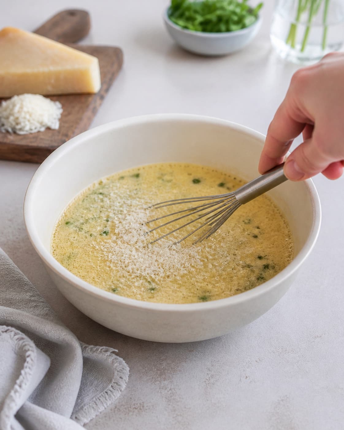 One bowl of pale-yellow egg cream parmesan mixture with fine green herbs, no zucchini shallot skillet or cooked egg under tilberedningen af frittata med squash