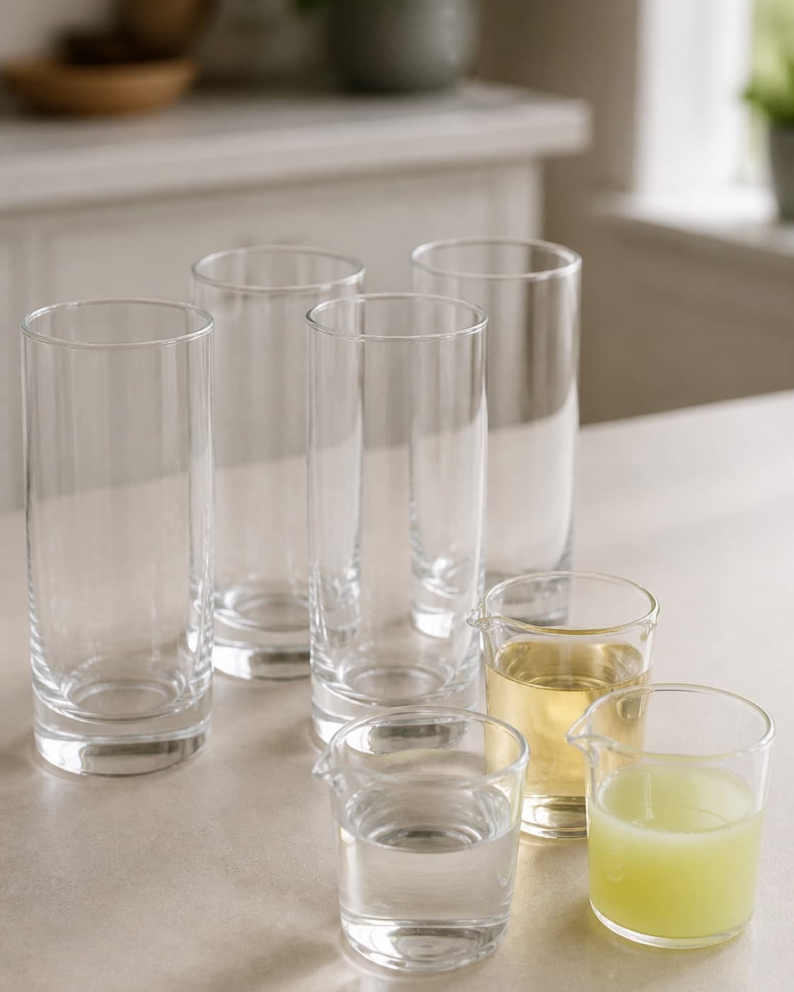 Exactly four empty chilled highball glasses with condensation beside separately measured gin elderflower cordial and lime juice, no ice mint lime wedges or finished drinks under tilberedningen af hyldeblomstdrink