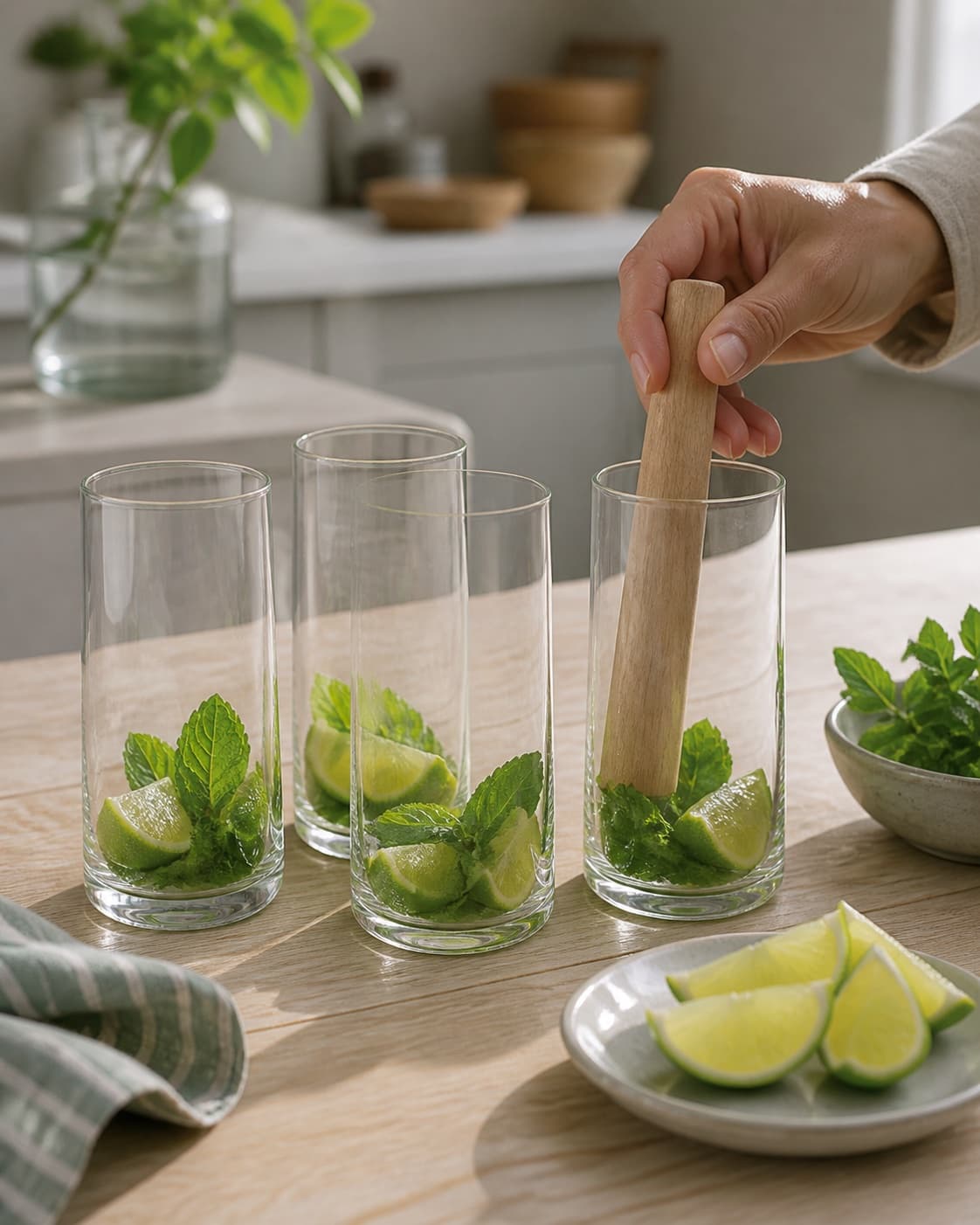 Exactly four highball glasses each holding lime wedges and lightly pressed intact mint leaves at the bottom, no ice liquid straws or finished drinks under tilberedningen af hyldeblomstdrink