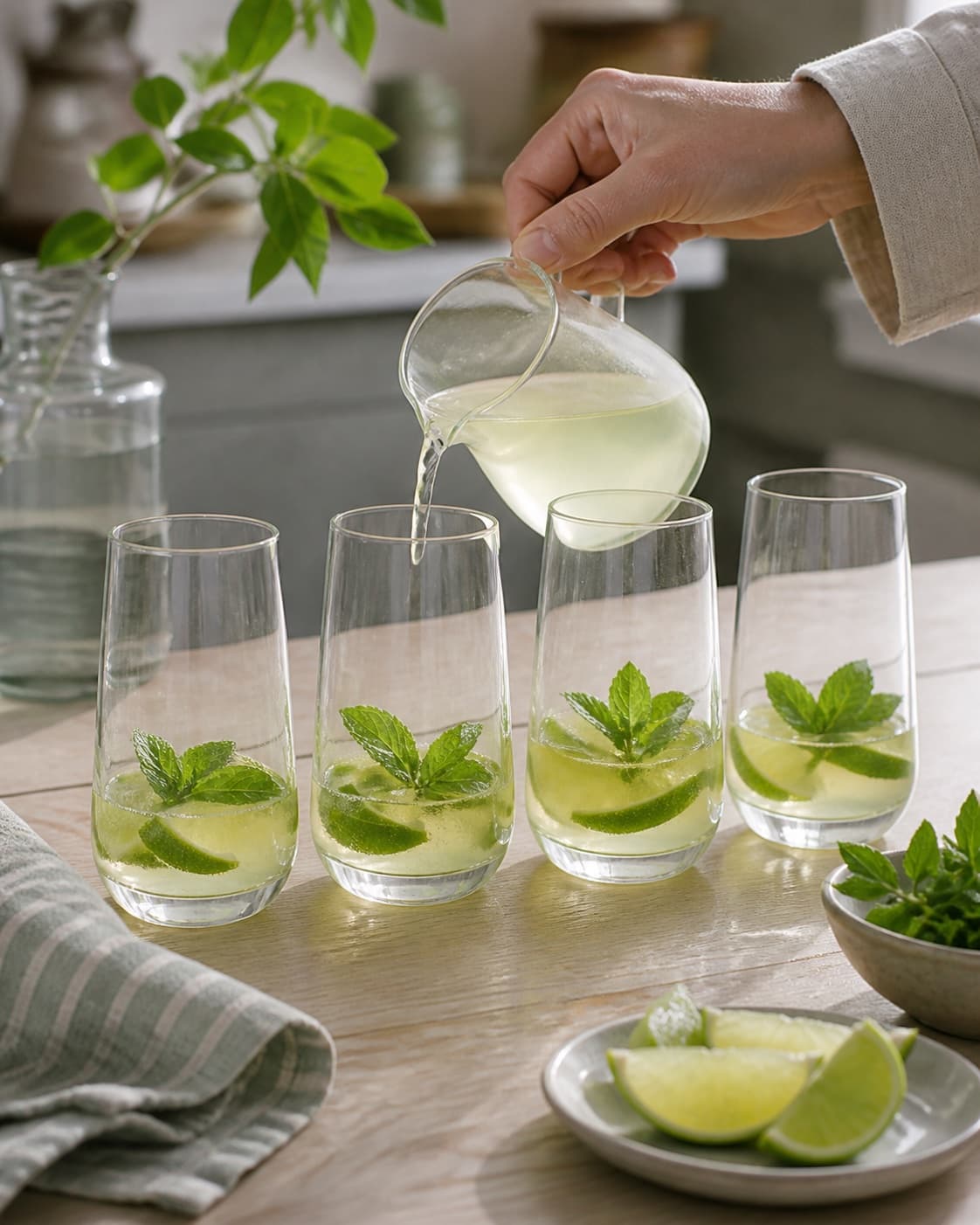 Exactly four highball glasses with equal shallow amounts of pale-clear gin elderflower lime base plus mint and lime, no ice soda straws or full drinks under tilberedningen af hyldeblomstdrink