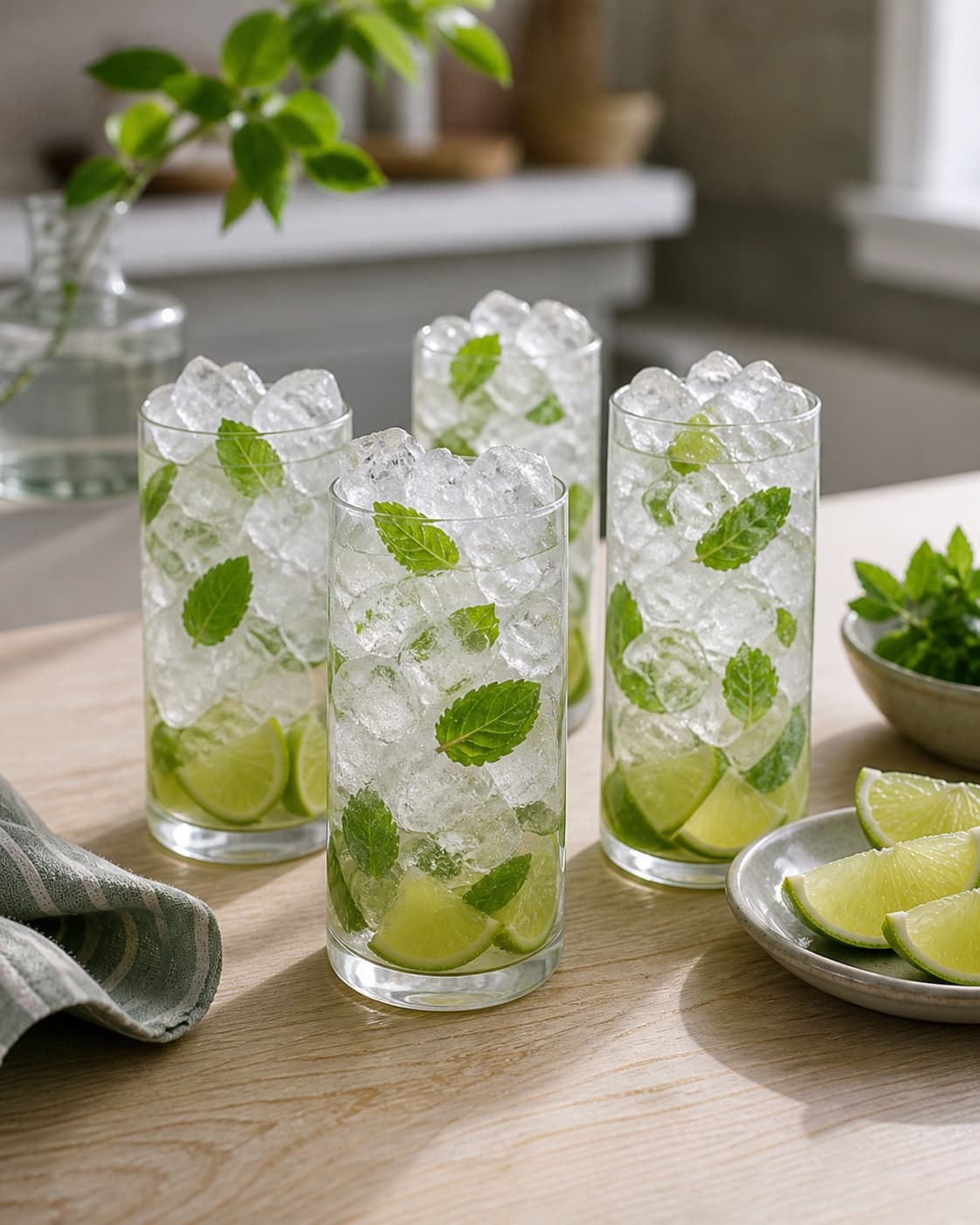 Exactly four highball glasses packed to the top with clear ice cubes around lime and mint, no soda being poured straws or finished garnish under tilberedningen af hyldeblomstdrink