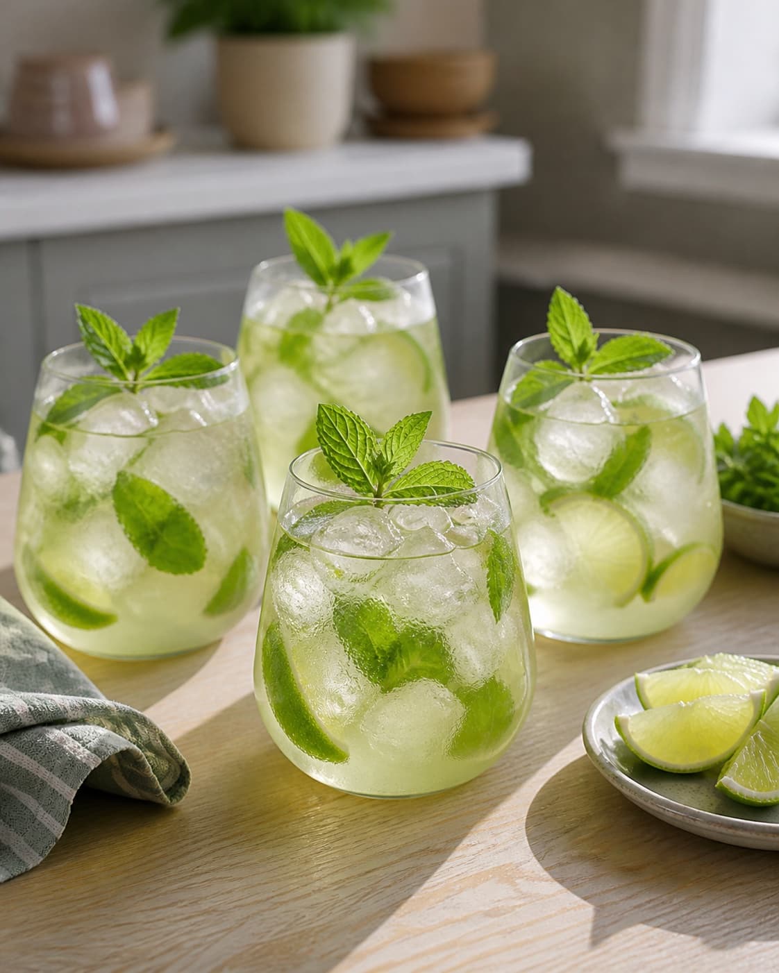 Exactly four finished clear sparkling elderflower gin highballs with ice lime and fresh mint tops, no straws bottles labels extra glasses or people under tilberedningen af hyldeblomstdrink