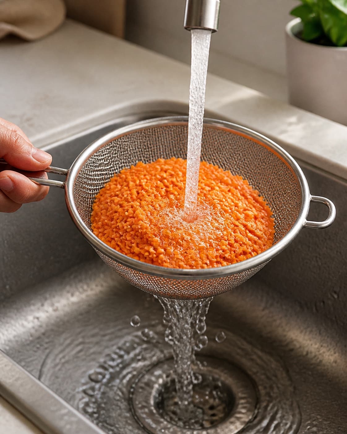 Bright orange-red lentils being rinsed in one fine metal sieve under clear cold water, no garlic tahini spices or cooked lentils under tilberedningen af linsehummus