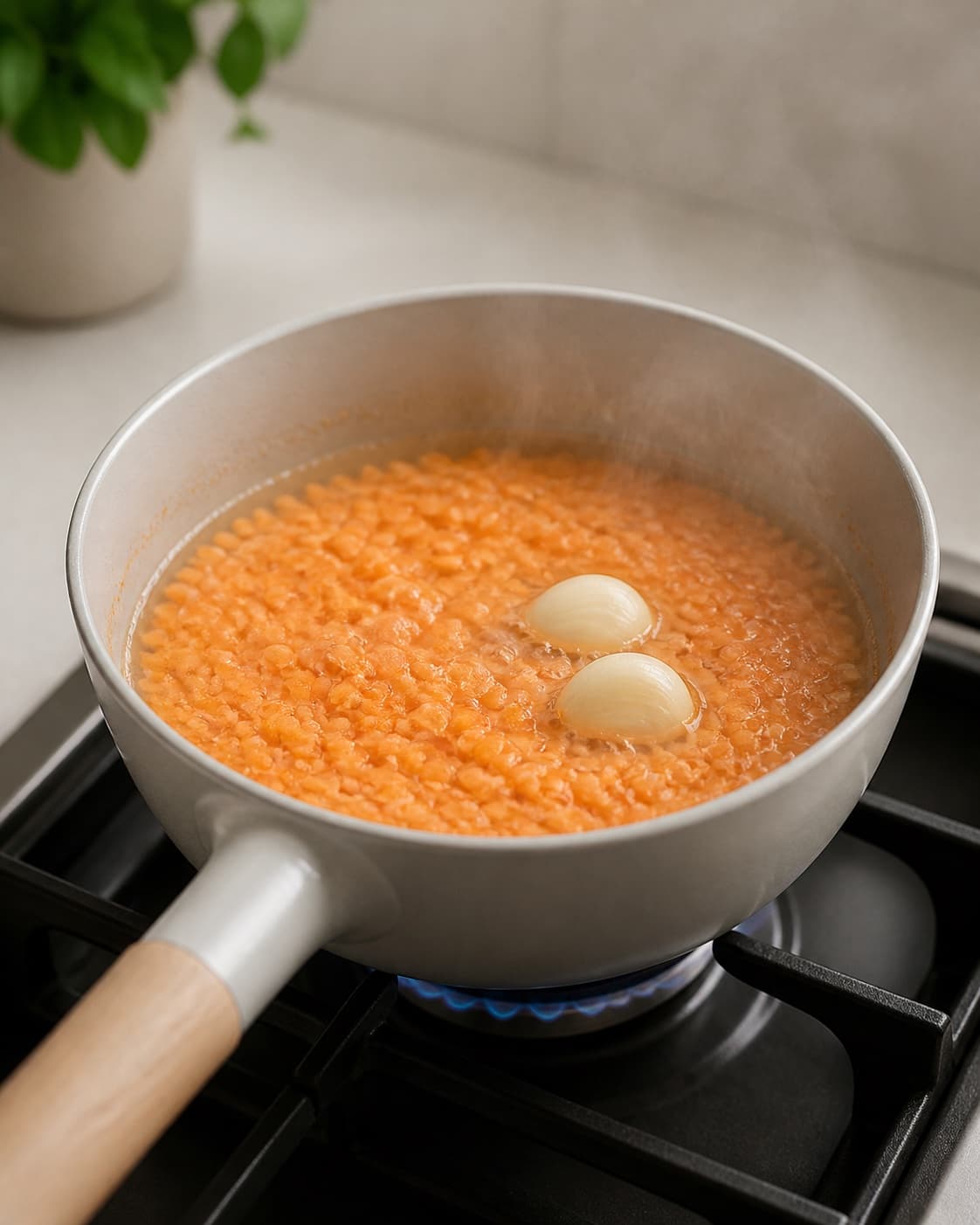 Orange red lentils gently simmering in one small saucepan with exactly two whole garlic cloves visible, no tahini spices oil lemon or finished dip under tilberedningen af linsehummus