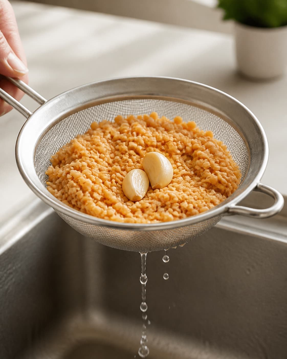 Cooked pale-orange lentils and exactly two soft garlic cloves draining in one fine sieve, no standing water tahini spices or finished hummus under tilberedningen af linsehummus
