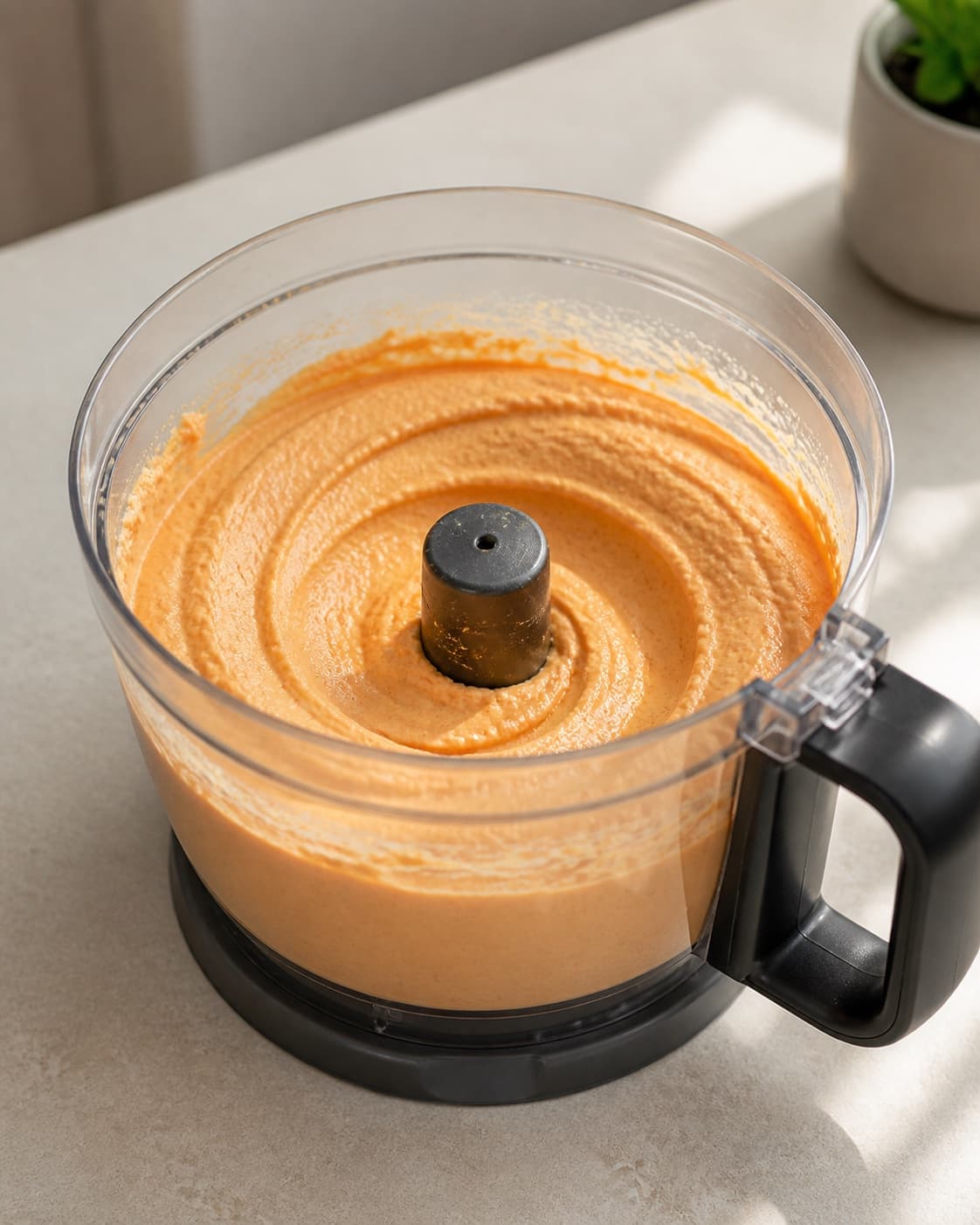 One food processor bowl holding smooth pale-orange lentil hummus with a clear creamy swirl, no garnish loose oil lemon wedges or serving bowl under tilberedningen af linsehummus
