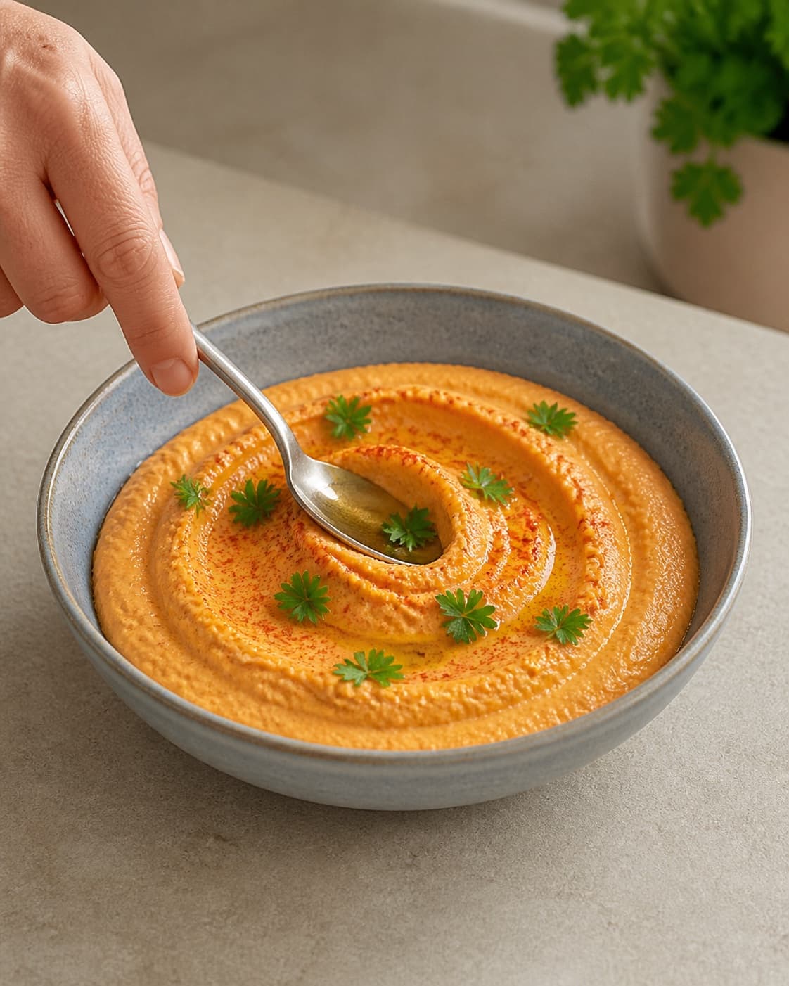 One blue-grey ceramic bowl of smooth pale-orange red-lentil hummus with a spoon swirl, parsley, paprika and a restrained olive-oil drizzle, no loose lentils bread or extra bowls under tilberedningen af linsehummus