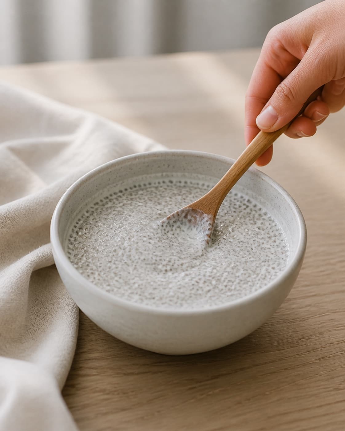 Slightly thickened coconut chia mixture being stirred smooth in one bowl with uniform seed distribution, no yoghurt fruit nuts or serving bowls under tilberedningen af kokos-chiagrød