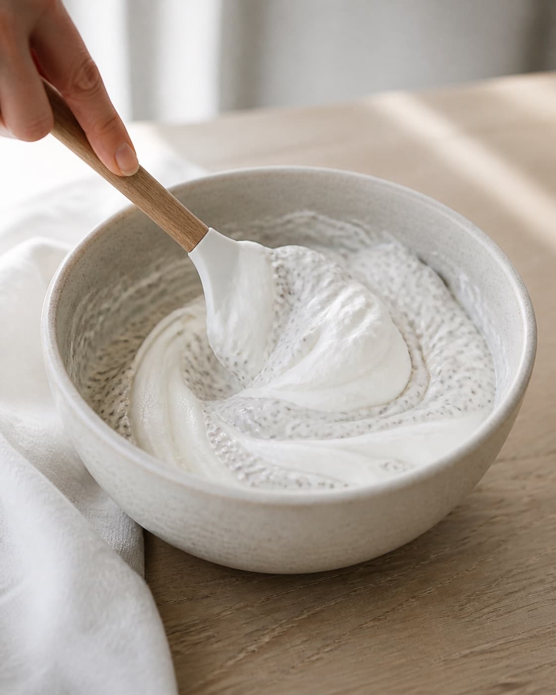 Creamy pale coconut chia pudding being folded with white skyr in one bowl, visible soft marbling, no berries nuts honey or serving bowls under tilberedningen af kokos-chiagrød