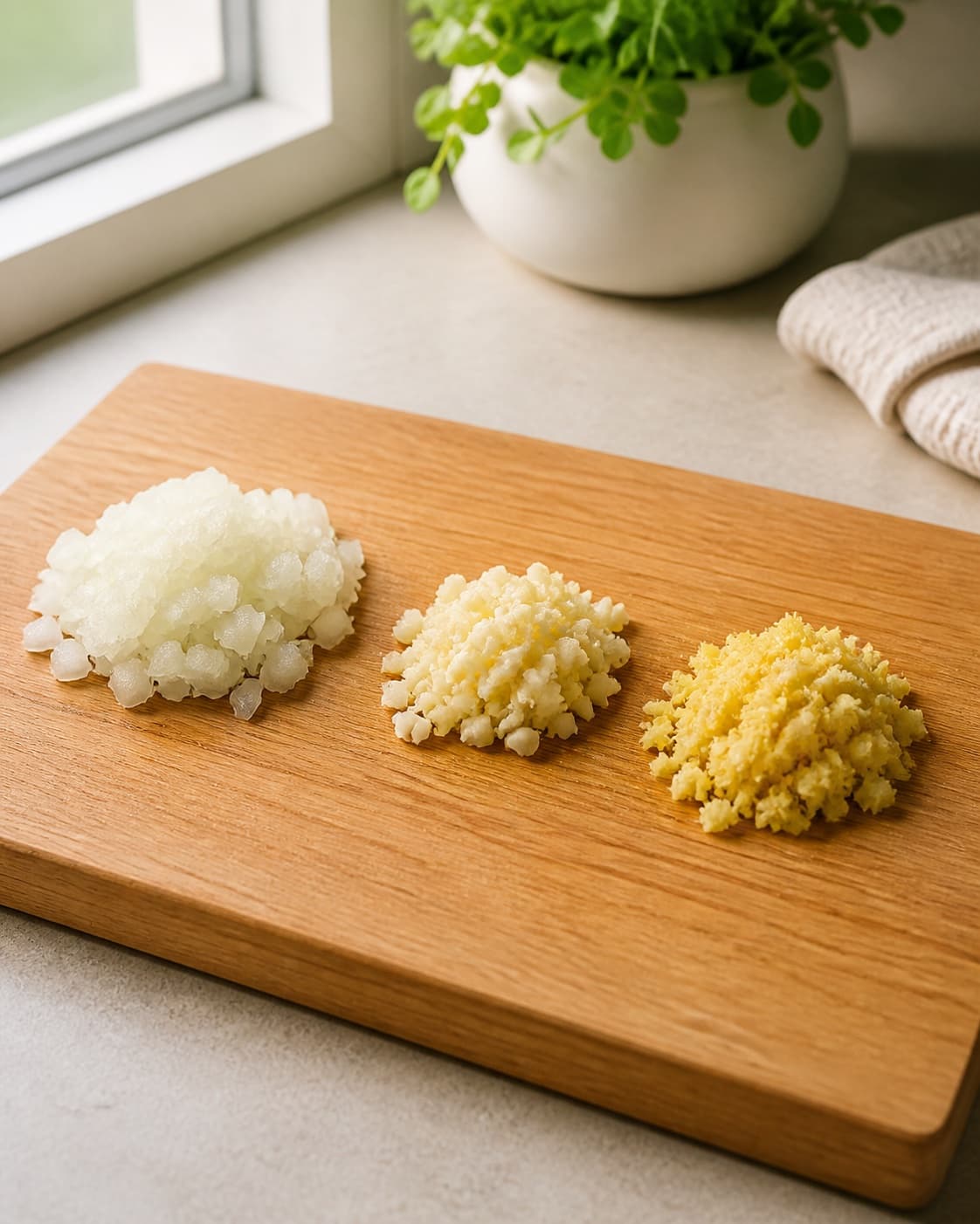 Three clearly separate small piles of finely grated onion, garlic and fresh ginger on one clean board, no sauce tomato spices bowls or cooked mixture under tilberedningen af grillmarinade