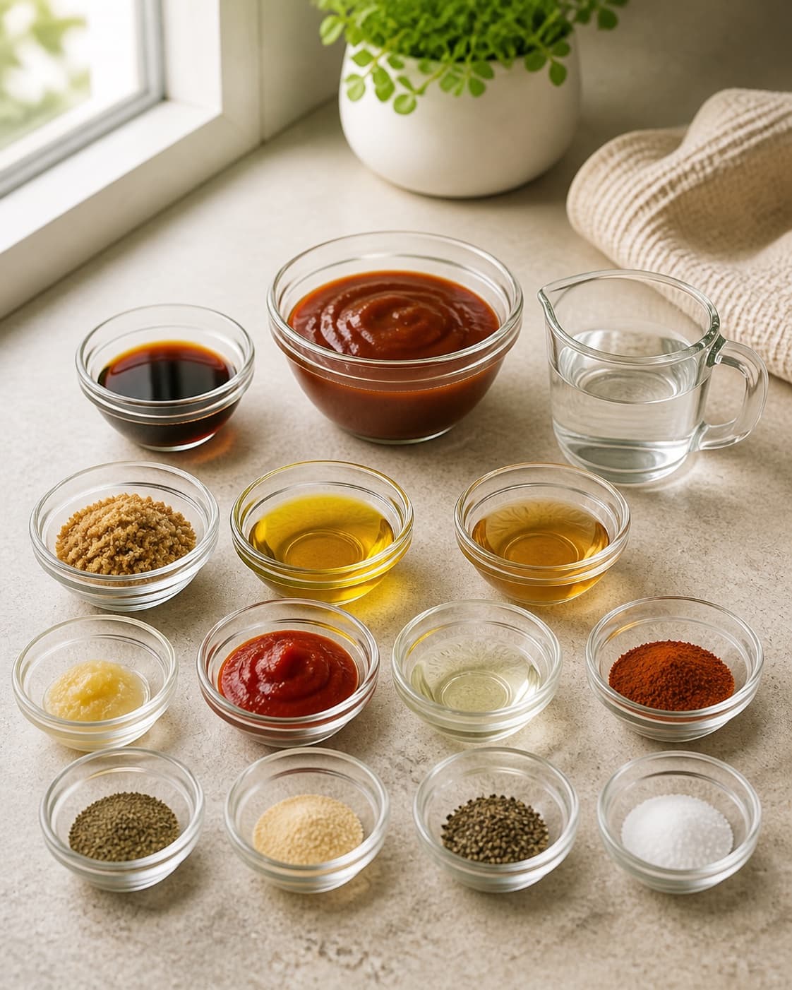 Precisely measured red brown and clear barbecue-sauce ingredients in separate small bowls and cups, no saucepan cooked sauce meat or labels under tilberedningen af grillmarinade