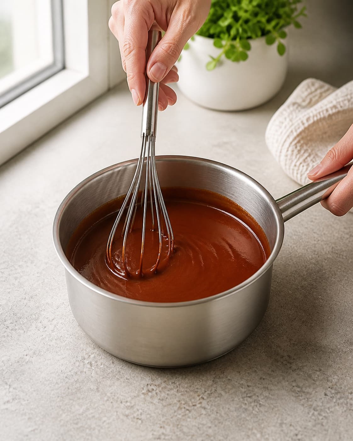 One saucepan holding uniform raw reddish-brown barbecue sauce being whisked cold, no simmer bubbles glossy thick finish meat or jars under tilberedningen af grillmarinade