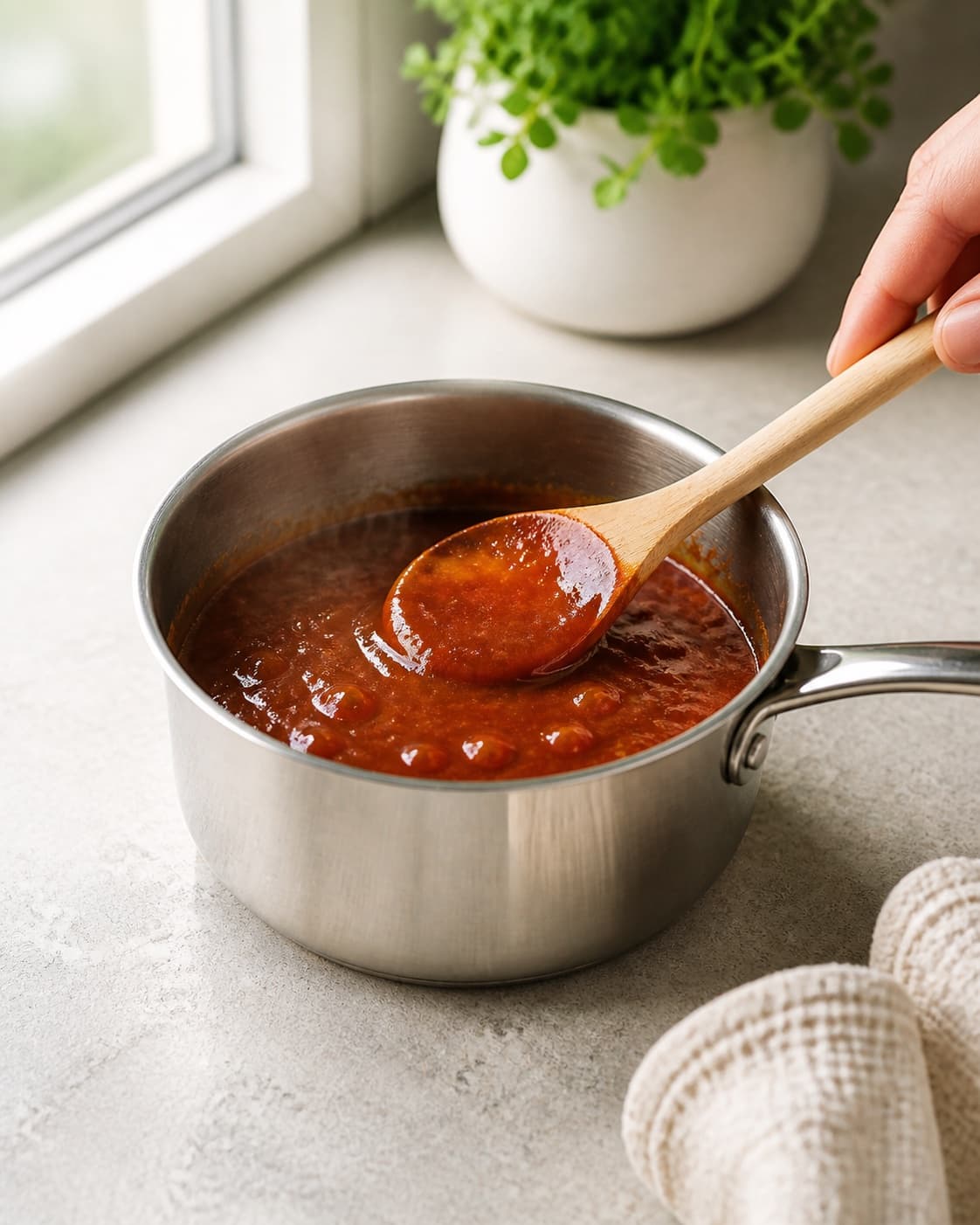 Reddish-brown barbecue marinade gently simmering with small bubbles in one saucepan and coating the back of one wooden spoon, no meat jars grill or flames under tilberedningen af grillmarinade
