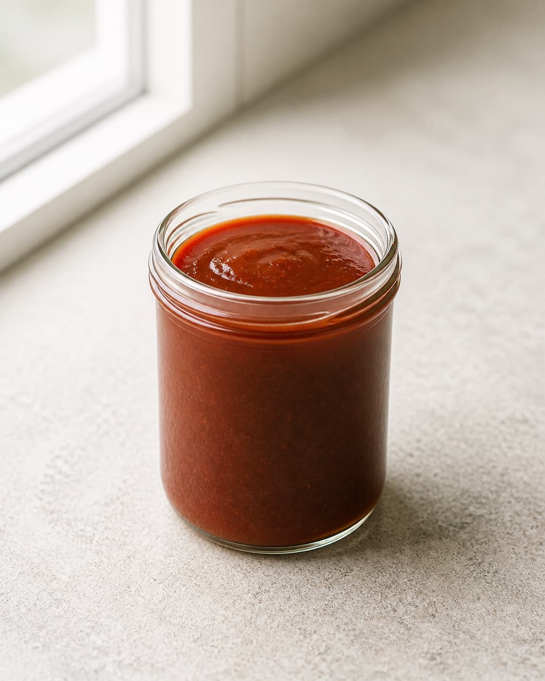 One open clean glass jar filled with cold glossy reddish-brown barbecue marinade, no spoon meat grill labels text or extra containers under tilberedningen af grillmarinade