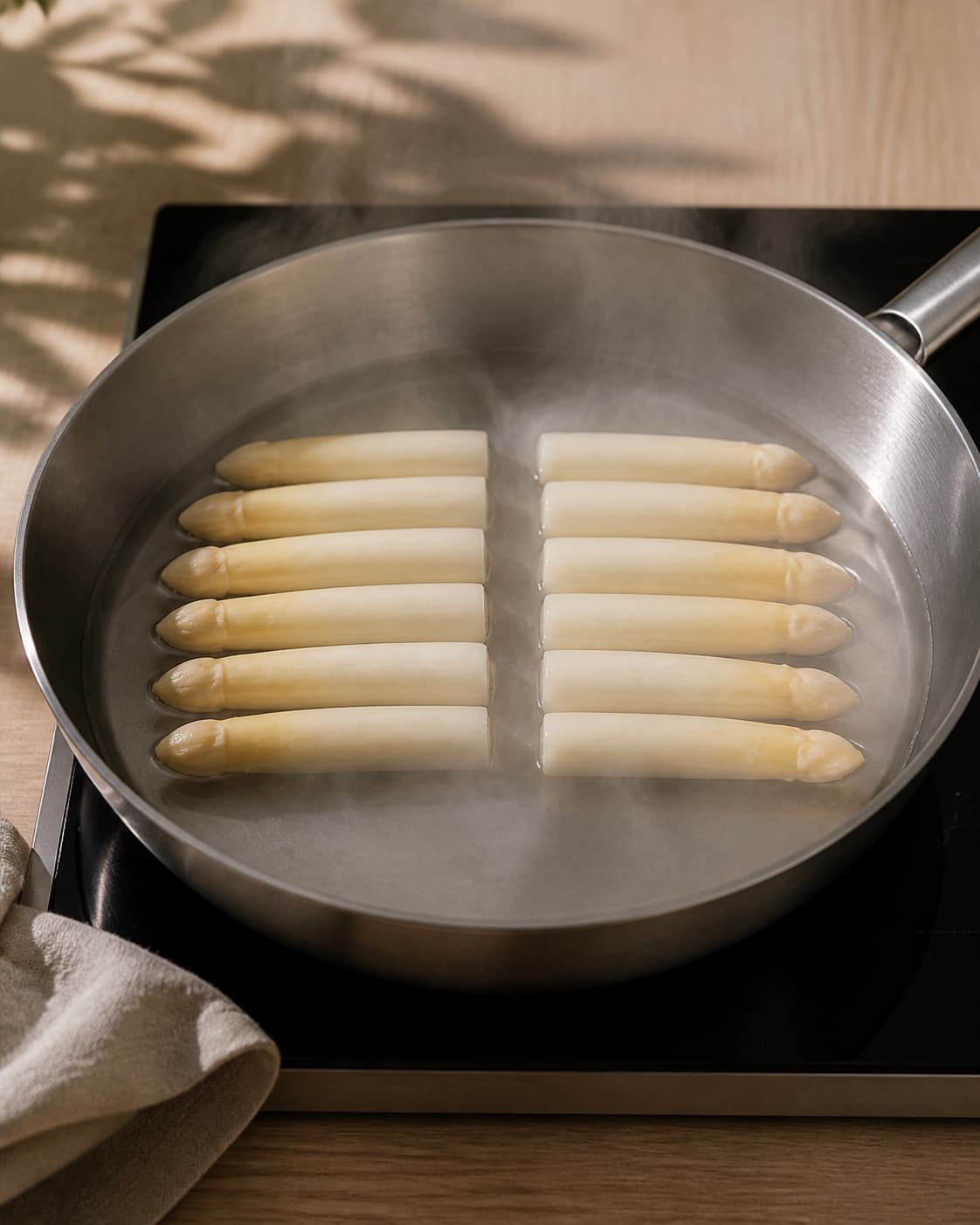 Exactly twelve peeled white asparagus spears steaming in one wide pan, no green asparagus butter sauce roe or plated food under tilberedningen af asparges med ramsløg og stenbiderrogn
