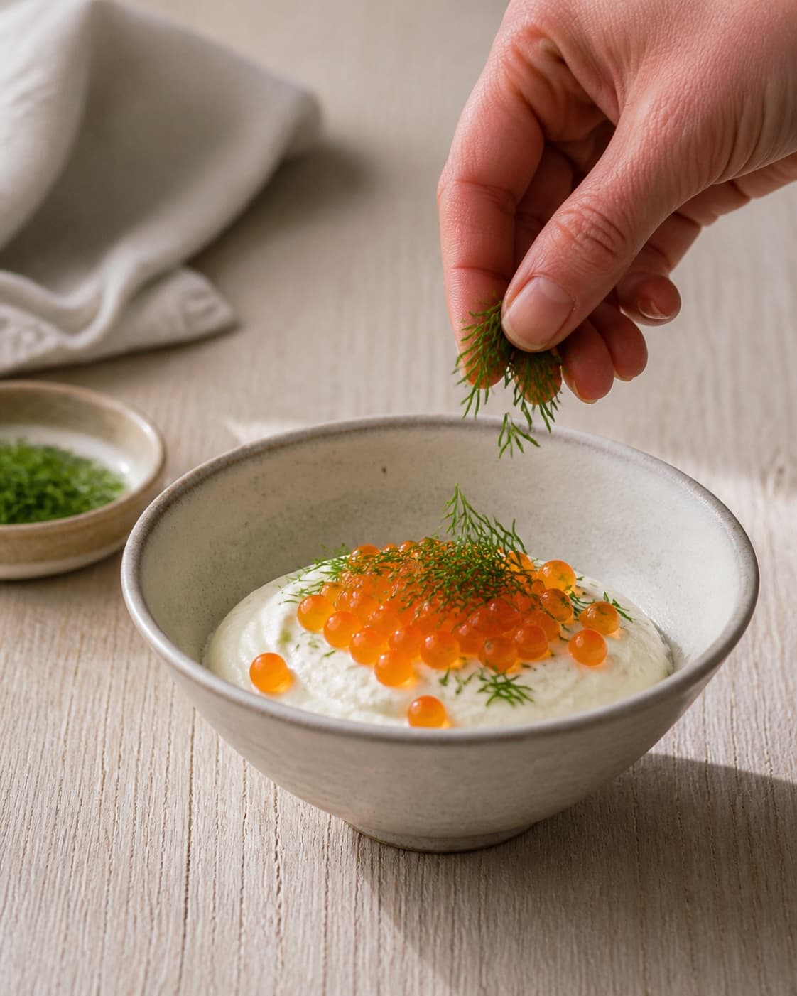 One bowl of white crème fraîche with distinct orange lumpfish roe pearls and fine dill, no asparagus green oil or plated portions under tilberedningen af asparges med ramsløg og stenbiderrogn