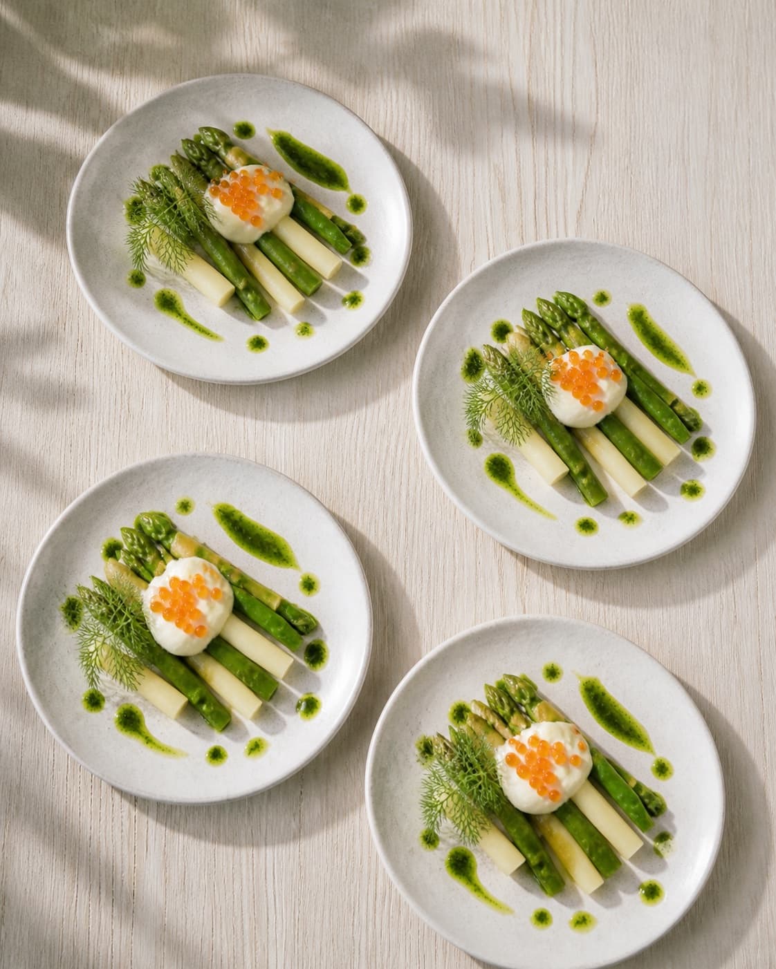Exactly four Nordic appetizer plates each holding alternating white and green asparagus, one spoon of roe crème fraîche, vivid green wild-garlic oil and dill, no wine glasses bread or extra plates under tilberedningen af asparges med ramsløg og stenbiderrogn