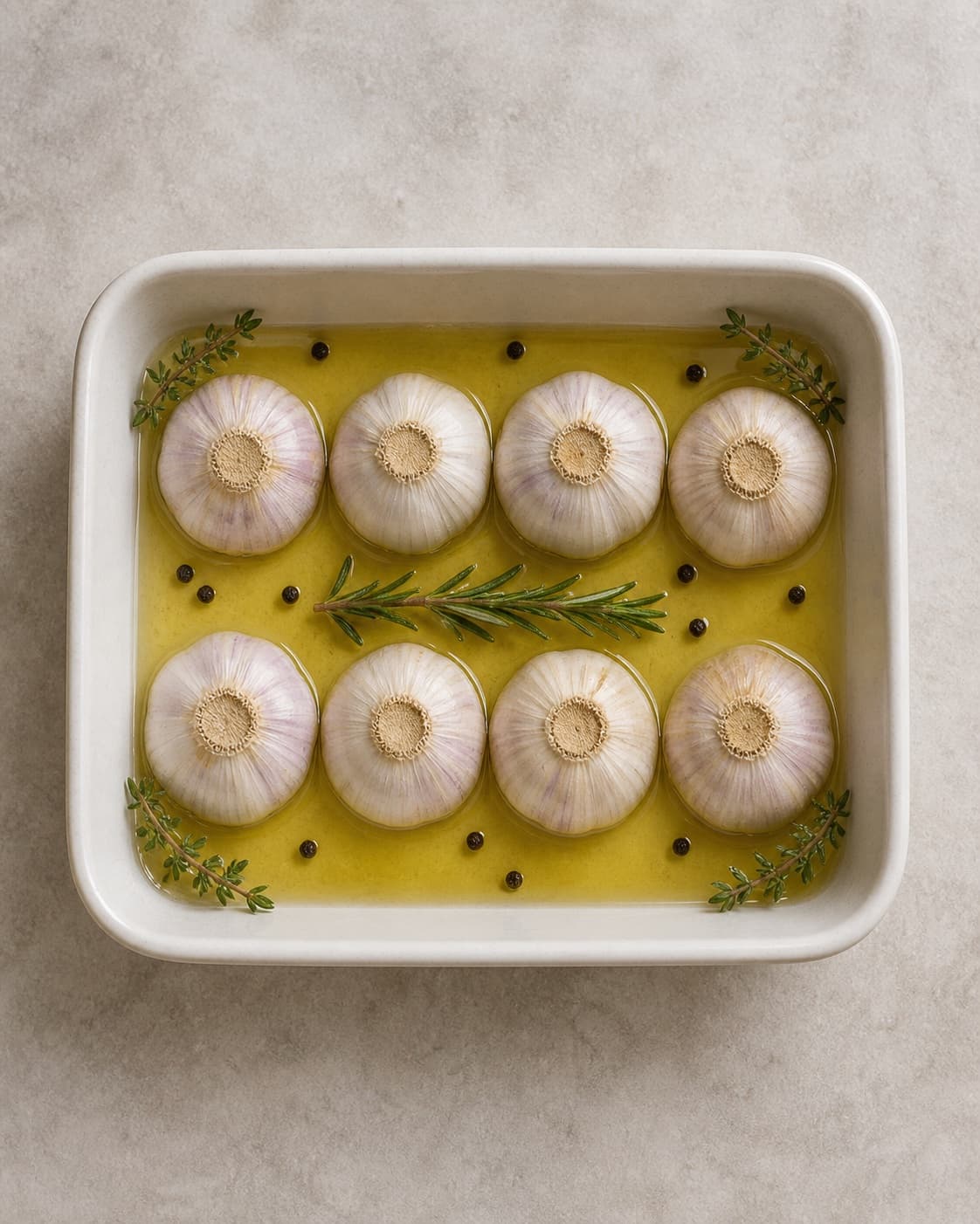 One small ovenproof dish holding exactly eight garlic-head halves cut-side down in clear oil with four thyme sprigs one rosemary sprig and black peppercorns, no extra garlic or food under tilberedningen af hvidløgsolie