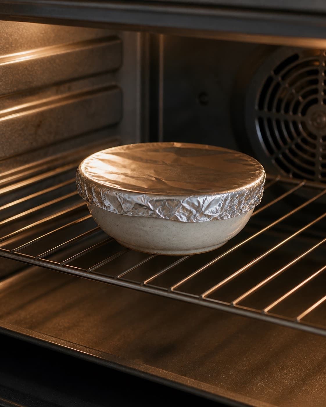 One small tightly covered ovenproof dish baking on an oven rack at 125 C, cover visibly sealed, no open oil exposed garlic flames or other food under tilberedningen af hvidløgsolie